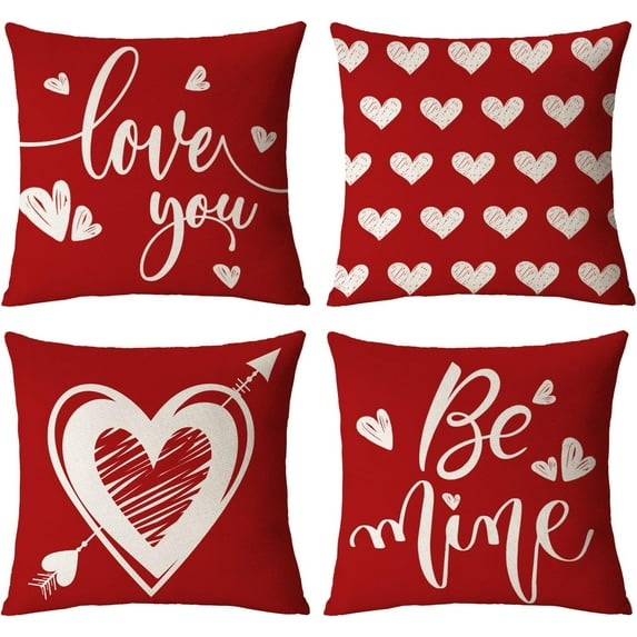 Happy Valentines Day Pillow Covers 18x18 Set of 4 Red Love Heart Throw Pillow Covers Wedding Anniversary Pillow Covers Pillow Cases Home Outdoor Sofa Couch Cushion Covers (18 by 18)