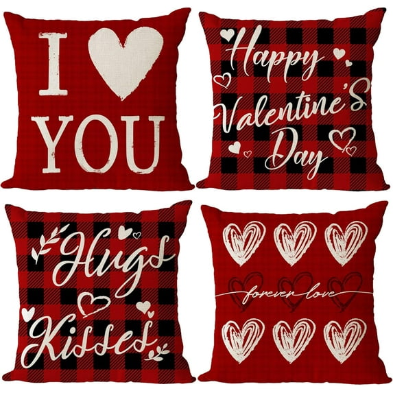 Happy Valentines Day Pillow Covers 18x18 Set of 4 Wedding Anniversary Throw Pillow Covers Red Love Heart Kisses Hugs Be Mine Cushion Covers Pillow Cases for Outdoor Couch Sofa Decoration(18 Inch)
