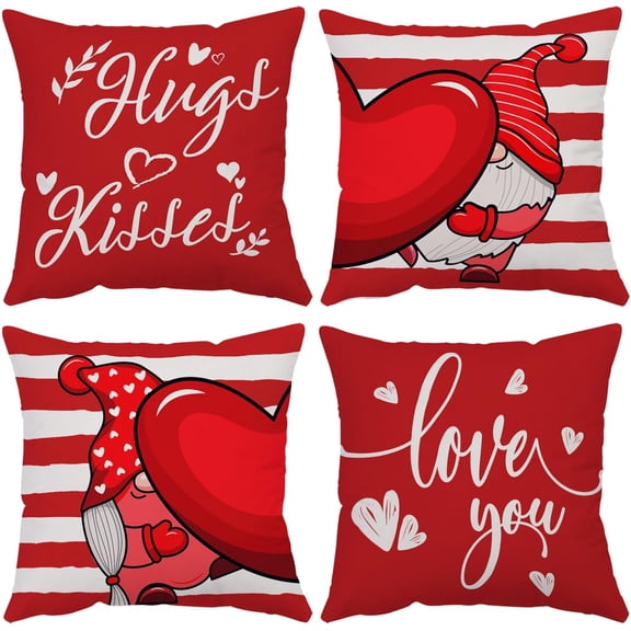 Happy Valentines Day Pillow Covers 20x20 Set of 4 Red Love Heart Gnomes Throw Pillow Covers Velvet Wedding Anniversary Cushion Covers Pillow Cases for Outdoor Couch Sofa Decoration(20 Inch)