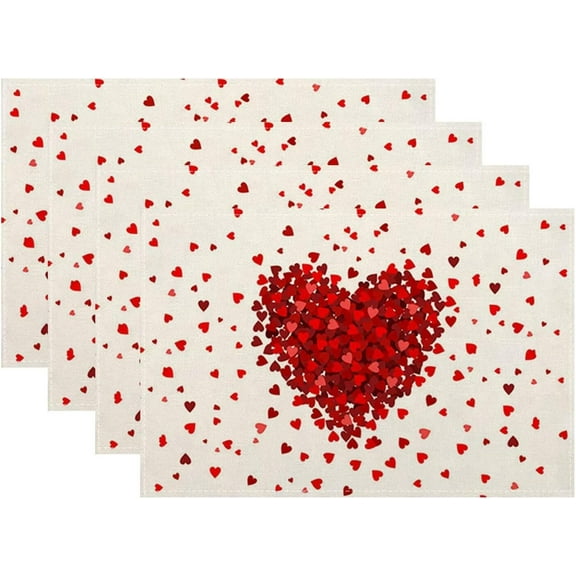 Happy Valentines Day Placemats Set of 4, Red Heart Decorative Table Mat 12 x 18 Inch Heat Resistant Non Slip Line Fabric Valentine Place mat for Holiday Party Kitchen Dining Decor
