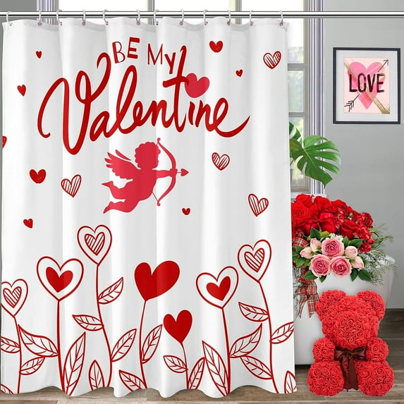 Happy Valentines Day Shower Curtain, Be My Valentine Cupid Shower Curtains for Bathroom, Valentines Romantic Home Decor Waterproof Fabric with Hooks 72x72 Inch