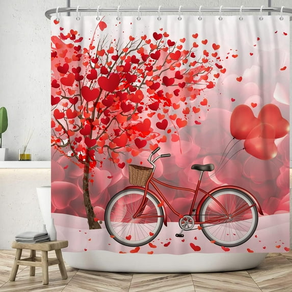 Happy Valentines Day Shower Curtain Red Heart Leaves Bathroom Curtain Set with Hooks, Red Bike with Heart Balloons Water Repellent Shower Curtain 72W x 84L inch