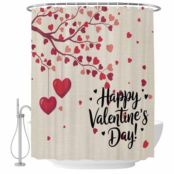 Happy Valentines Day Shower Curtain Set - Long 72" x 84" Washable Bathtub Curtain with 12 Hooks, Red Love Branches Spring Beige Waterproof Fabric Stall Shower Curtains for Bathroom/Bathtub Décor