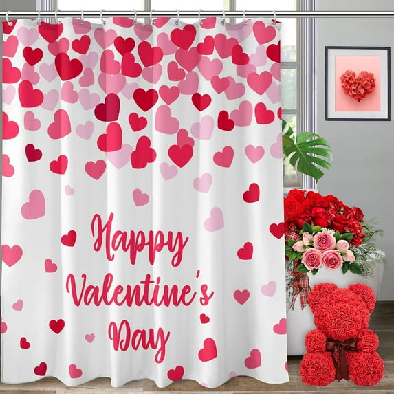 Happy Valentines Day Shower Curtain, Valentine Red Heart Shower Curtains for Bathroom, Valentines Romantic Home Decor Waterproof Fabric with Hooks 72x72 Inch