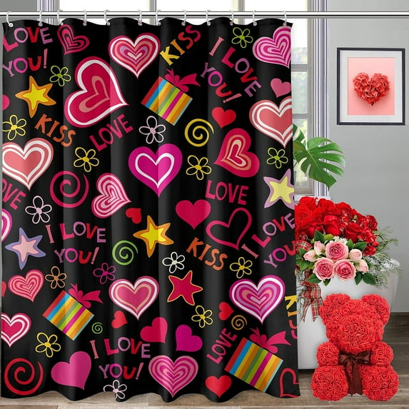 Happy Valentines Day Shower Curtain, Valentine Red Heart Love Shower Curtains for Bathroom, Valentines Romantic Home Decor Waterproof Fabric with Hooks 72x72 Inch