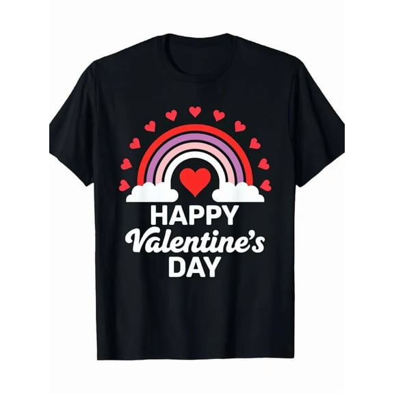 Happy Valentines Day T Shirt Women Men Rainbow Heart Graphic Tee Casual Short Sleeve Crewneck Valentines Day Gift Top Black