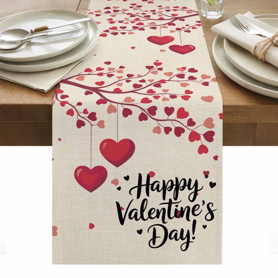 Happy Valentines Day Table Runner - 120 Inch Long, Kitchen Dining Table Runner Dresser Scarves, Red Love Branches Spring Beige Farmhouse Decor for Coffee Tables Wedding Party Banquet