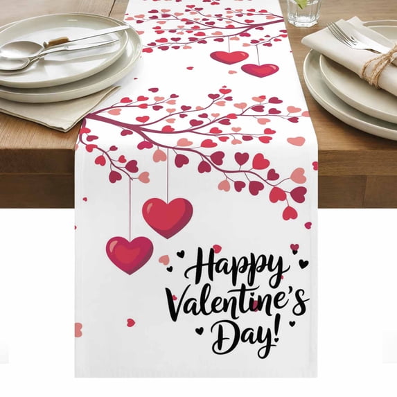 Happy Valentines Day Table Runner - 120 Inch Long, Kitchen Dining Table Runner Dresser Scarves, Red Love Branches Spring Farmhouse Decor for Coffee Tables Wedding Party Banquet