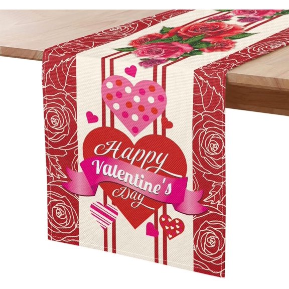 Happy Valentines Day Table Runner Red Pink Rose Table Runner Kitchen Fireplace Dining Room Home Decor Kitchen Dining Table Decoration 12"×72"