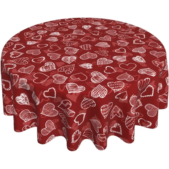 Happy Valentines Day Tablecloth Round Table Cloths Mothers Day Red Heart Table Cloth Cover Mat Washable Polyester 60 Inch Dining Decorative for Holiday Home Party Wedding Picnic