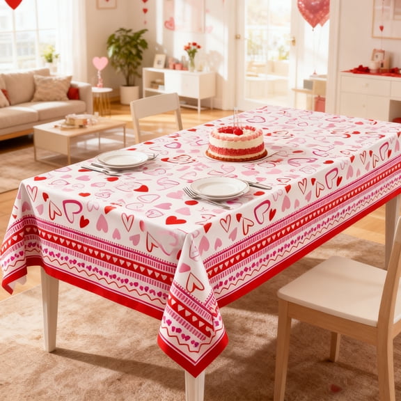 Happy Valentines Day Tablecloths Heart Red Plastic Party Decorations 54" X 108" Table Cover Anniversary Valentines Wedding Birthday