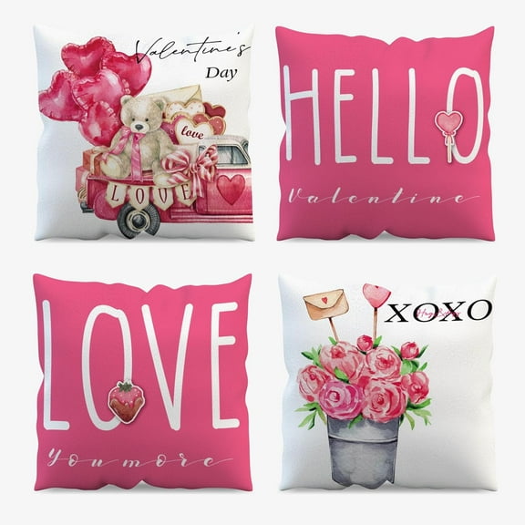 Happy Valentines Day Throw Pillow Covers 18 X 18 Set of 4 Holiday Decor Pink Flower Cute Bear Truck Love Heart Winter Pillow Case for Couch Sofa Livingroom