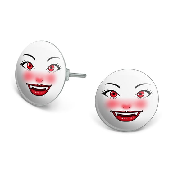 Happy Vampire Girl Smiling Face Novelty Silver Plated Stud Earrings