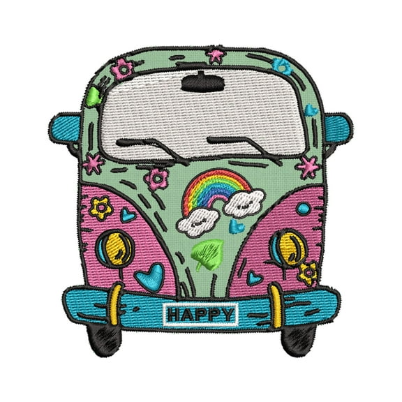 Happy Van Embroidered DIY Iron on or Sew-on Decorative Patch Badge Emblem Appliques Hippie BoHo 70's Peace Series