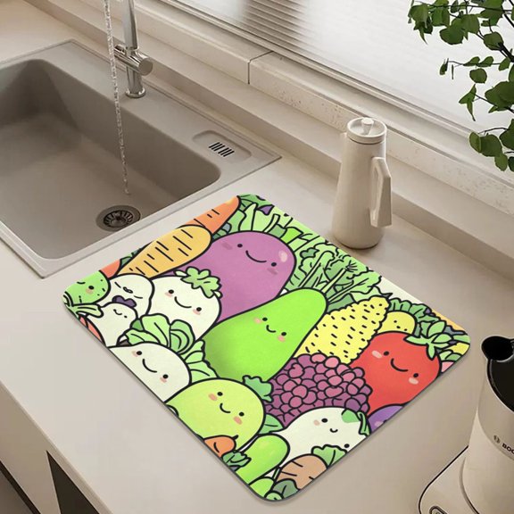 Happy Vegetables and Fruits Dish Drying Mat for Kitchen Counter Absorbent Drainer Mats (15.7X11.8Inch)