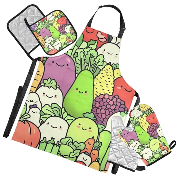 Happy Vegetables and Fruits Oven Mitts and Pot Holders with Chef Apron Set 5 Pcs Kitchen Cooking Set