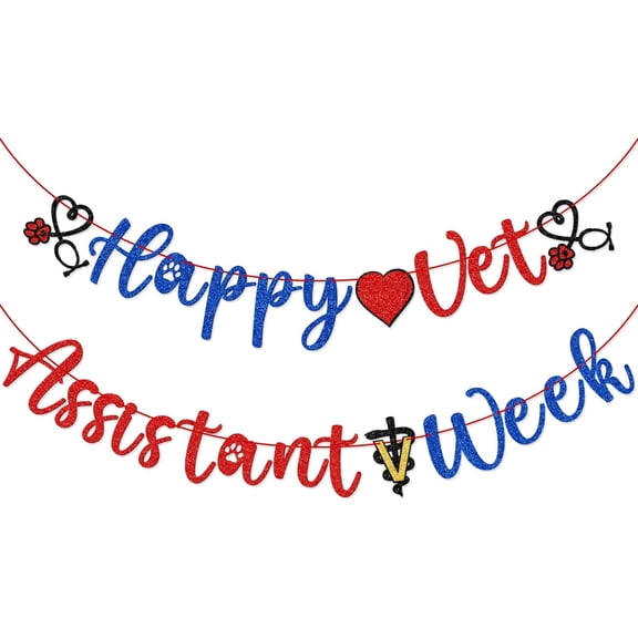 Happy Vet Assistant Week Banner, Pre-strung Vet Assistant Week Party Decor, Vet Assistant Appreciation Banner, Vet Assistant Party Banner for Vet Hospital Office, Blue and Red Glitter