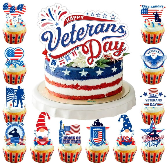 Happy Veterans Day Cake Topper,13pcs Veteran Cake Decorations Set- 1 Big Veterans Day Cake Decorations&12pcs Happy Veterans Day Cupcake Topper/Thank You Veterans Cupcake Toppers for Veterans Day Dec