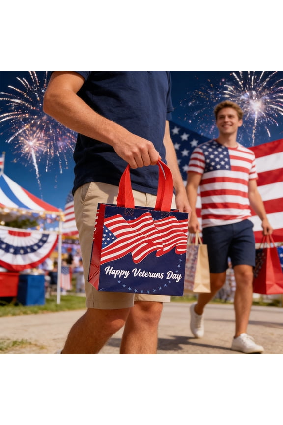 Happy Veterans Day Gift Bag, Patriotic American Flag Print Non-Woven Tote, Reusable Shopping Bag for Veterans Day Celebration, Party Favors