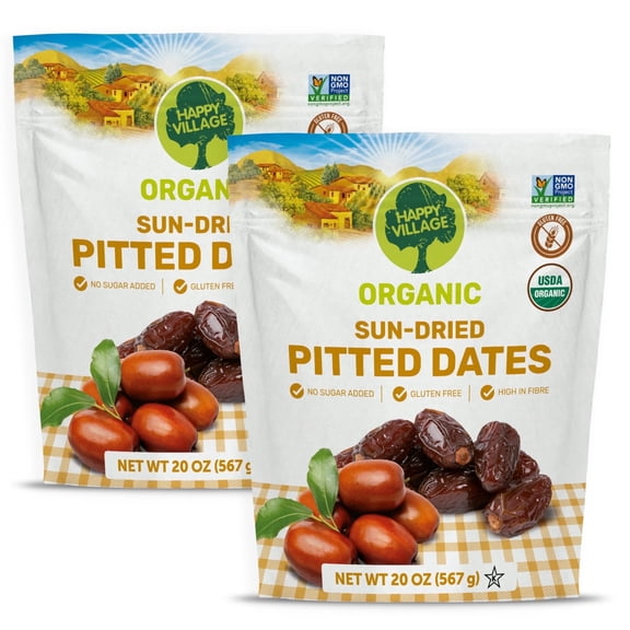 Happy Village Organic Dates Pitted, No Sugar Added Dried Dates Fruit, 40 oz (2 packs of 20) - Kosher, Non-GMO, Unsweetened, Vegan Sun-Dried