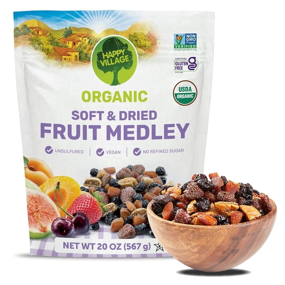 Happy Village Organic Dried Fruit Mix Apricots, Figs, Strawberries & Tart Cherries 20 OZ
