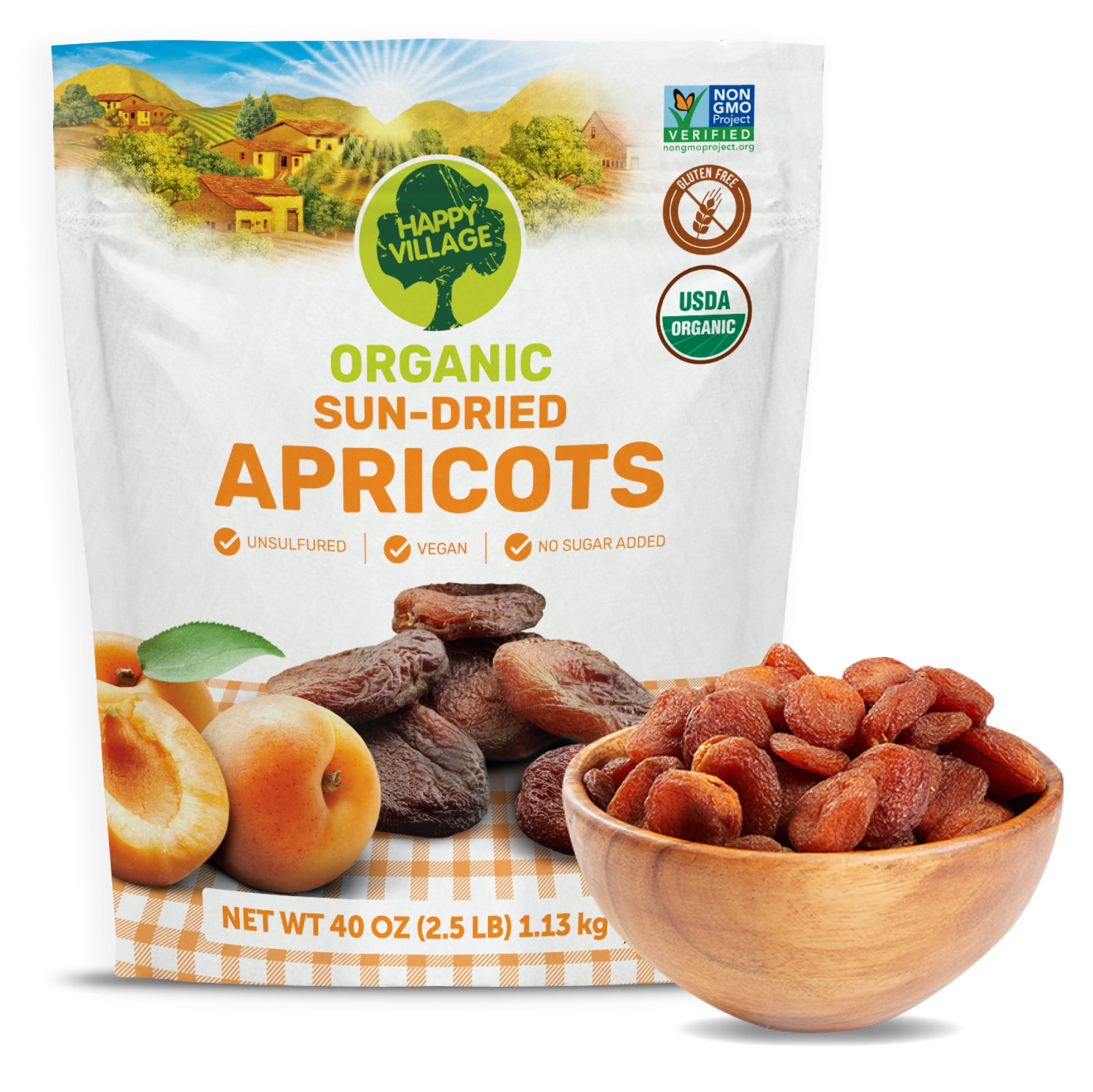 Happy Village Organic Turkish Sun-Dried Apricots, 20 OZ Resealable Bag, No Added Sugar Dried Fruit, USDA Organic, Non-GMO, Kosher, Vegan, Unsulfured, High in Fiber