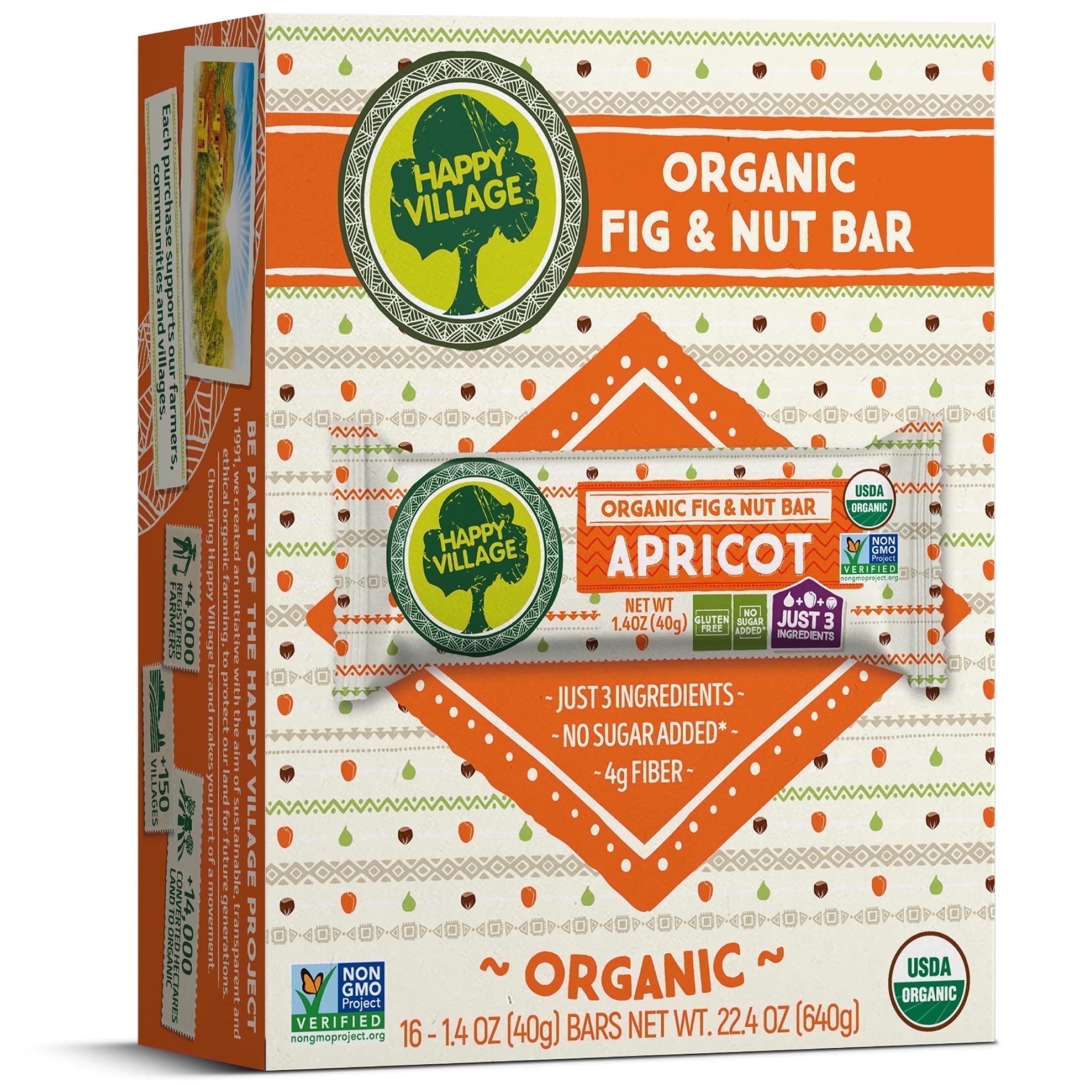 Happy Village Organic Fig & Nut Bar, Apricot – 3 Ingredients, Gluten-Free, No Sugar Added, Vegan, Kosher, Non-GMO – 16 x 1.4 oz, Resealable pack
