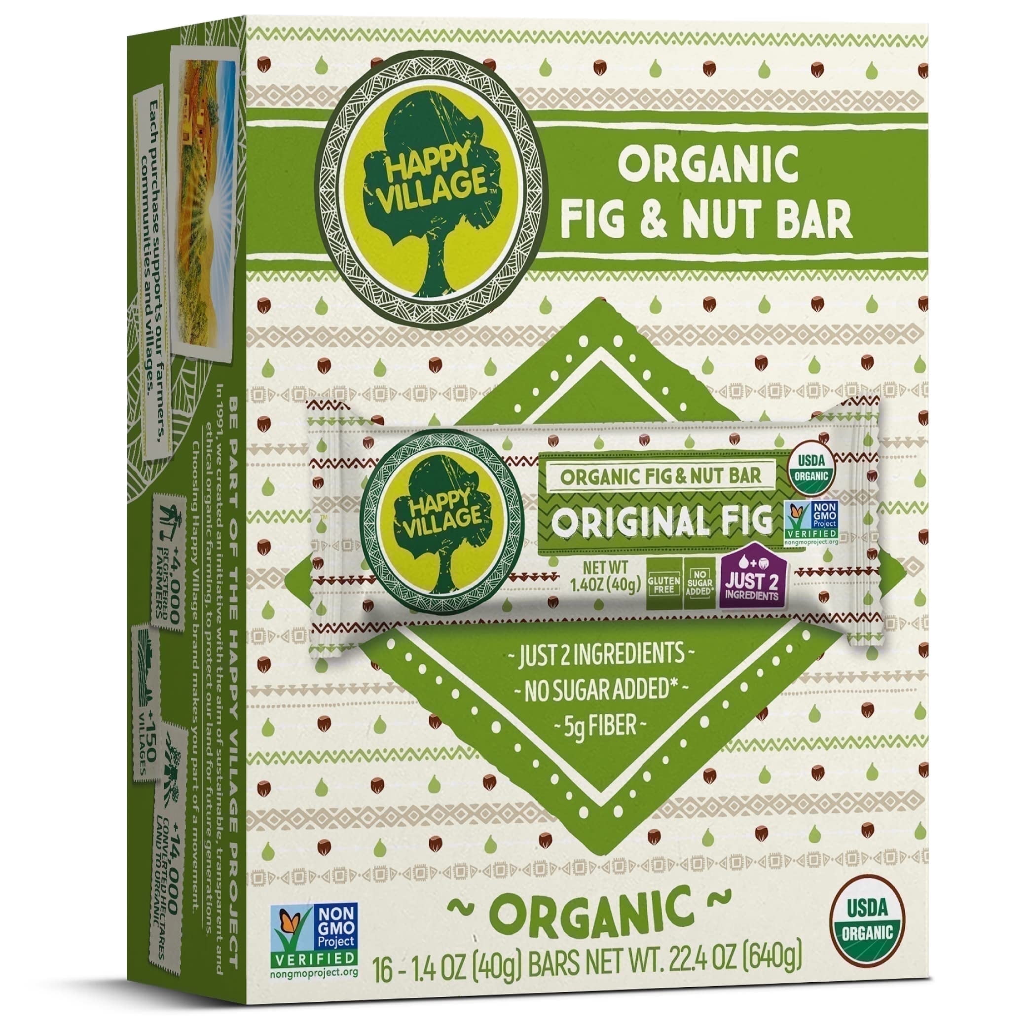 Happy Village Organic Fig & Nut Bars, Original Fig | Gluten Free, No Refined Sugar, Vegan, Non-GMO | 16 Bars x 1.4 oz each, Carton box