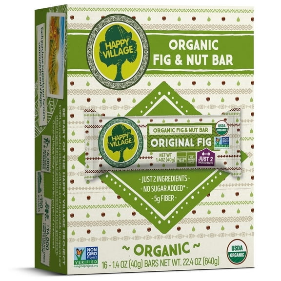 Happy Village Organic Fig & Nut Bars, Original Fig | Gluten Free, No Refined Sugar, Vegan, Non-GMO | 16 Bars x 1.4 oz each, Carton box