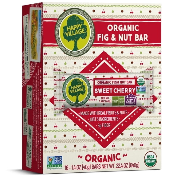 Happy Village Organic Fig & Nut bars, Sweet Cherry | Gluten Free, No Refined Sugar, Vegan, Non-GMO | 16 bars x 1.4 oz Each, Carton Box