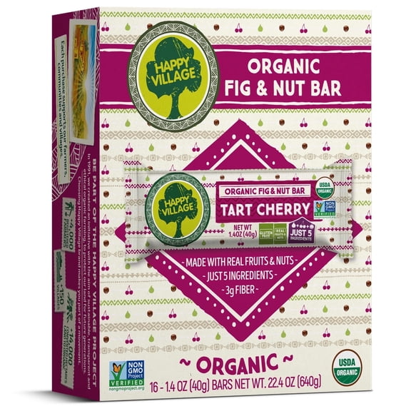 Happy Village Organic Fig & Nut Bar, Tart Cherry | Gluten Free, No Refined Sugar, Non-GMO, Vegan | Healthy Snack (16 x 1.4 oz Each in Carton Box)