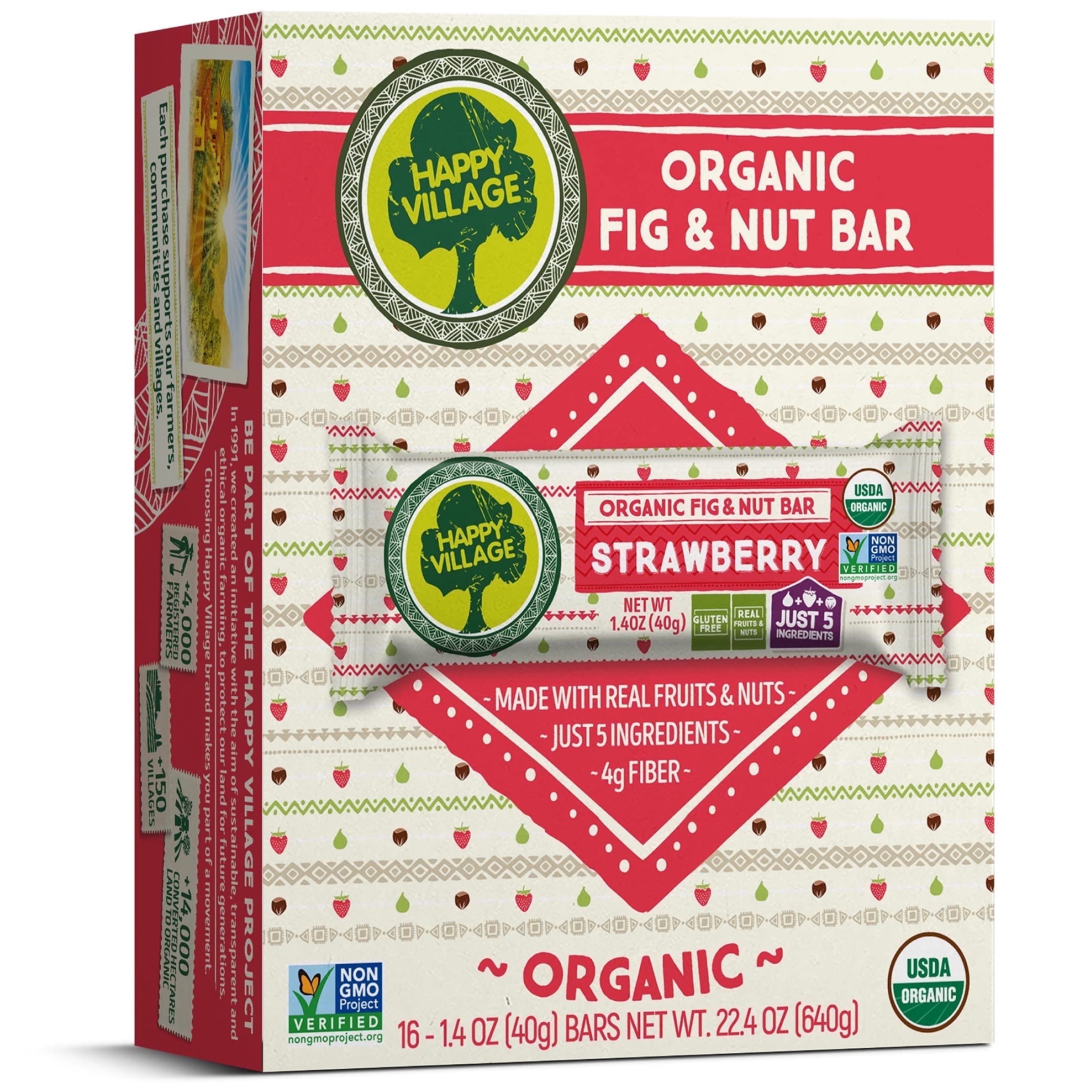 Happy Village Organic Fig & Nut Bars, Strawberry | Gluten Free, No Refined Sugar, Vegan, Non-GMO | 16 x 1.4 oz Each, Carton Box