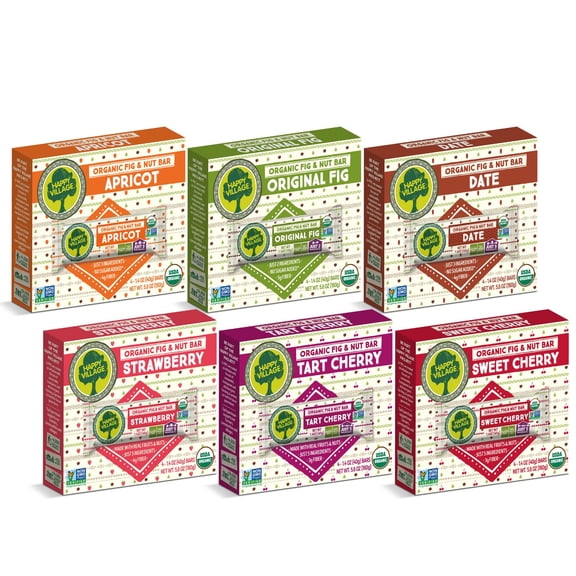 Happy Village Organic Fig & Nut Bars, VARIETY (24 Pack, 1.4 OZ each), Gluten Free, No Refined Sugar, Kosher, Non-GMO, Vegan, Good Source of Fiber, Organic Healthy Snack Bars - 4 bars of Each Flavor