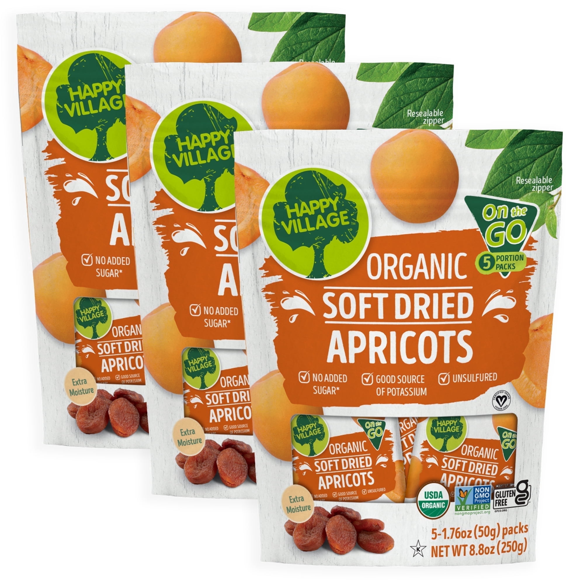 Happy Village Organic Soft Dried Apricots On the Go – 3 Bags (15 Individual Portion Packs) | Healthy, Organic, Non-GMO, Vegan, Kosher, Gluten-Free Snack Packs,Snack for School Lunches