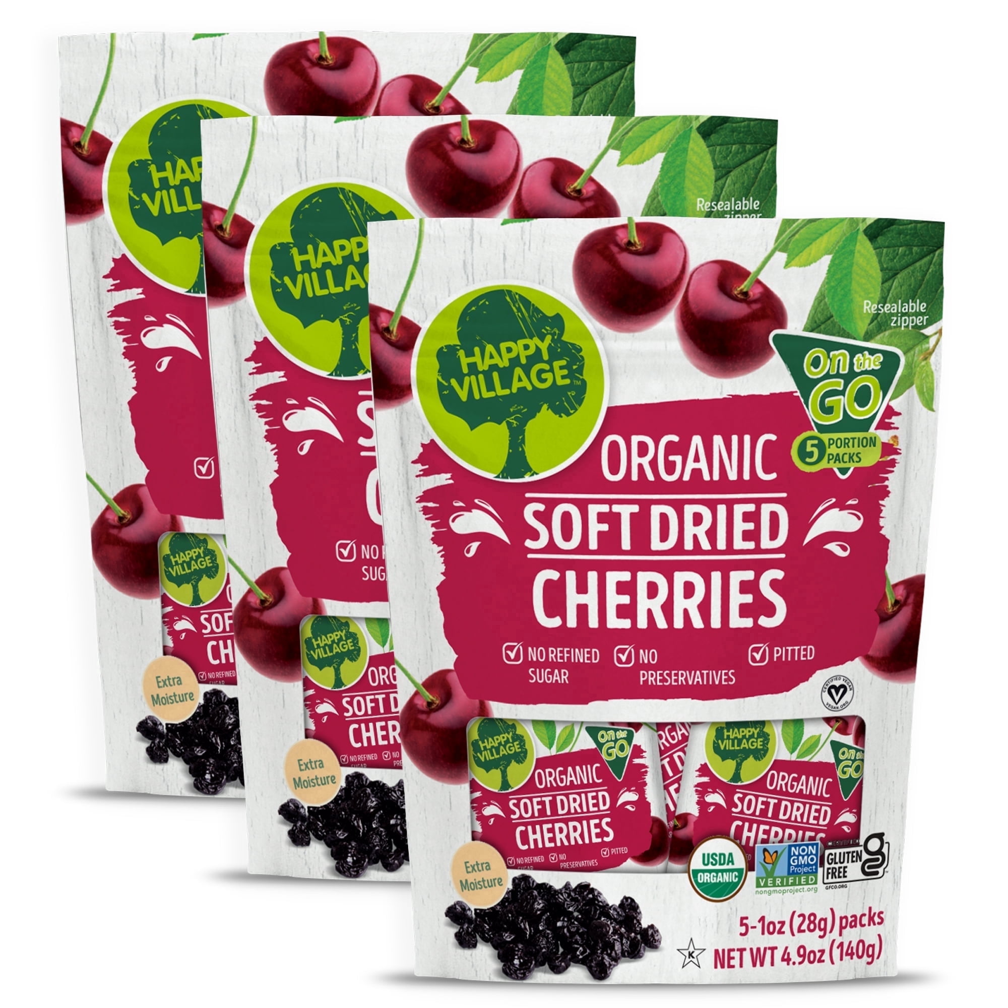 Happy Village Organic Soft Dried Cherries on The Go – 3 Bags (15 Individual Portion packs)  Healthy, Non-GMO, Vegan, Kosher, Gluten-Free Snack