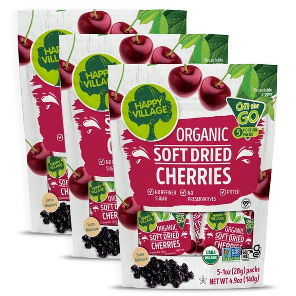 Happy Village Organic Soft Dried Cherries On the Go 3 Bags (15 Individual Portion Packs) | Healthy, Organic, Non-GMO, Vegan, Kosher, Gluten-Free Snack Packs