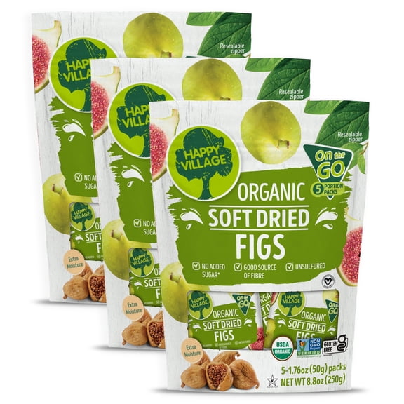 Happy Village Organic Soft Dried Figs On the Go 3 Bags (15 Individual Portion Packs) | Healthy, Organic, Non-GMO, Vegan, Kosher, Gluten-Free Snack Packs