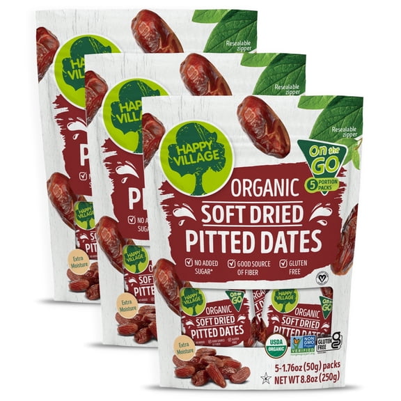 Happy Village Organic Soft Dried Pitted Dates On the Go 3 Bags (15 Individual Portion Packs) | Healthy, Organic, Non-GMO, Vegan, Kosher, Gluten-Free Snack Packs