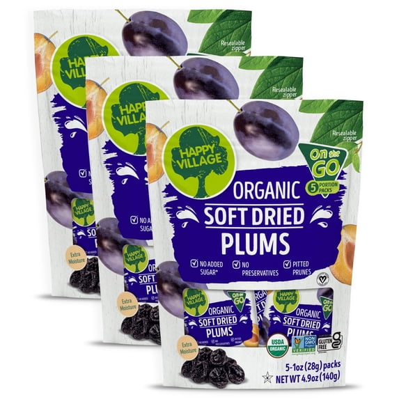 Happy Village Organic Soft Dried Prunes (Plums) On the Go 3 Bags