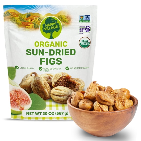 Happy Village Organic Sun-Dried Turkish Figs, 20 OZ Resealable Bag, No Added Sugar, USDA Organic, Non-GMO, Kosher, Vegan, High in Fiber, Single-Ingredient Snack