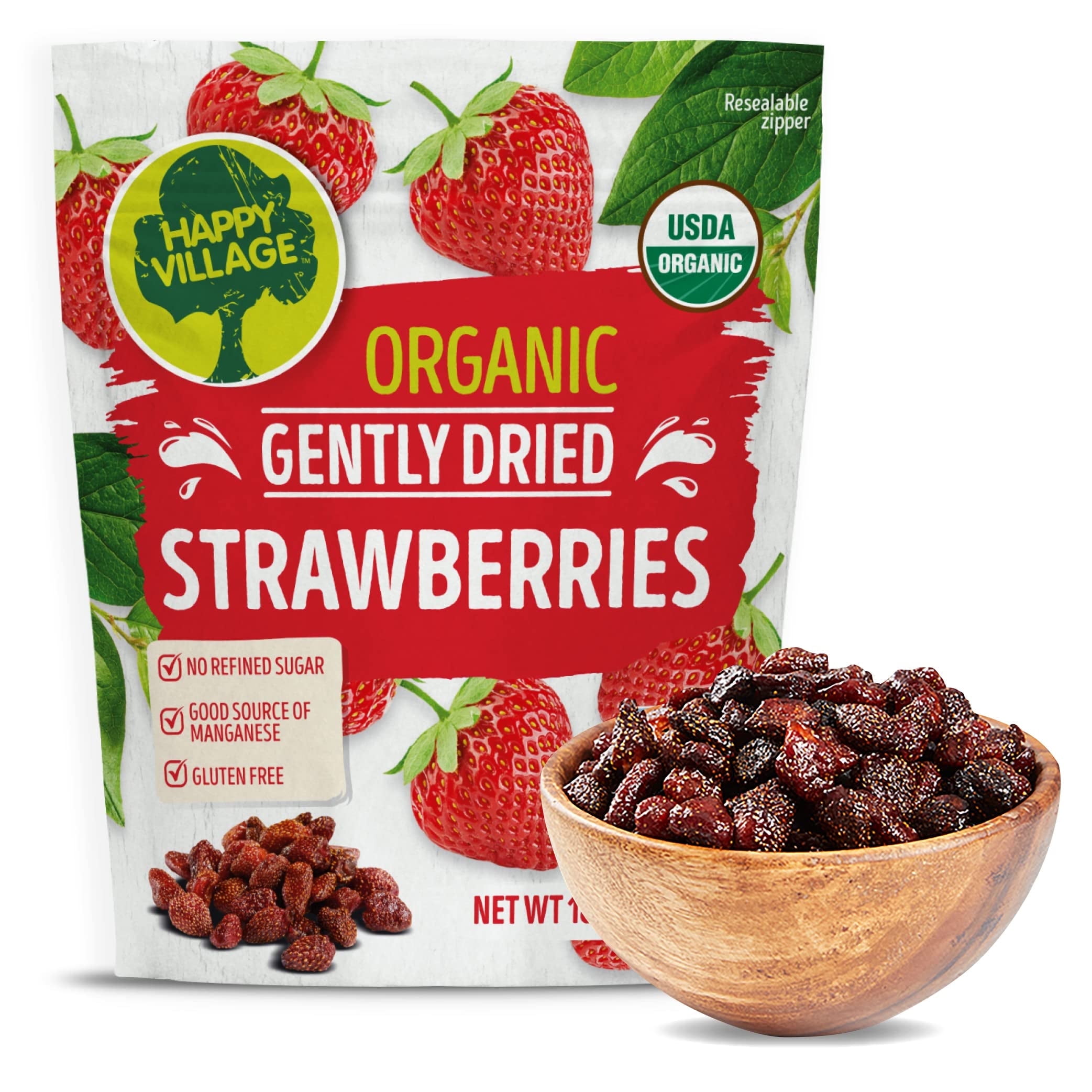 Happy Village Organic Dried Strawberries, 18 oz Resealable Pack, Soft \u0026 Juicy, Kosher, Non-GMO, No Sugar, Apple Juice Infused