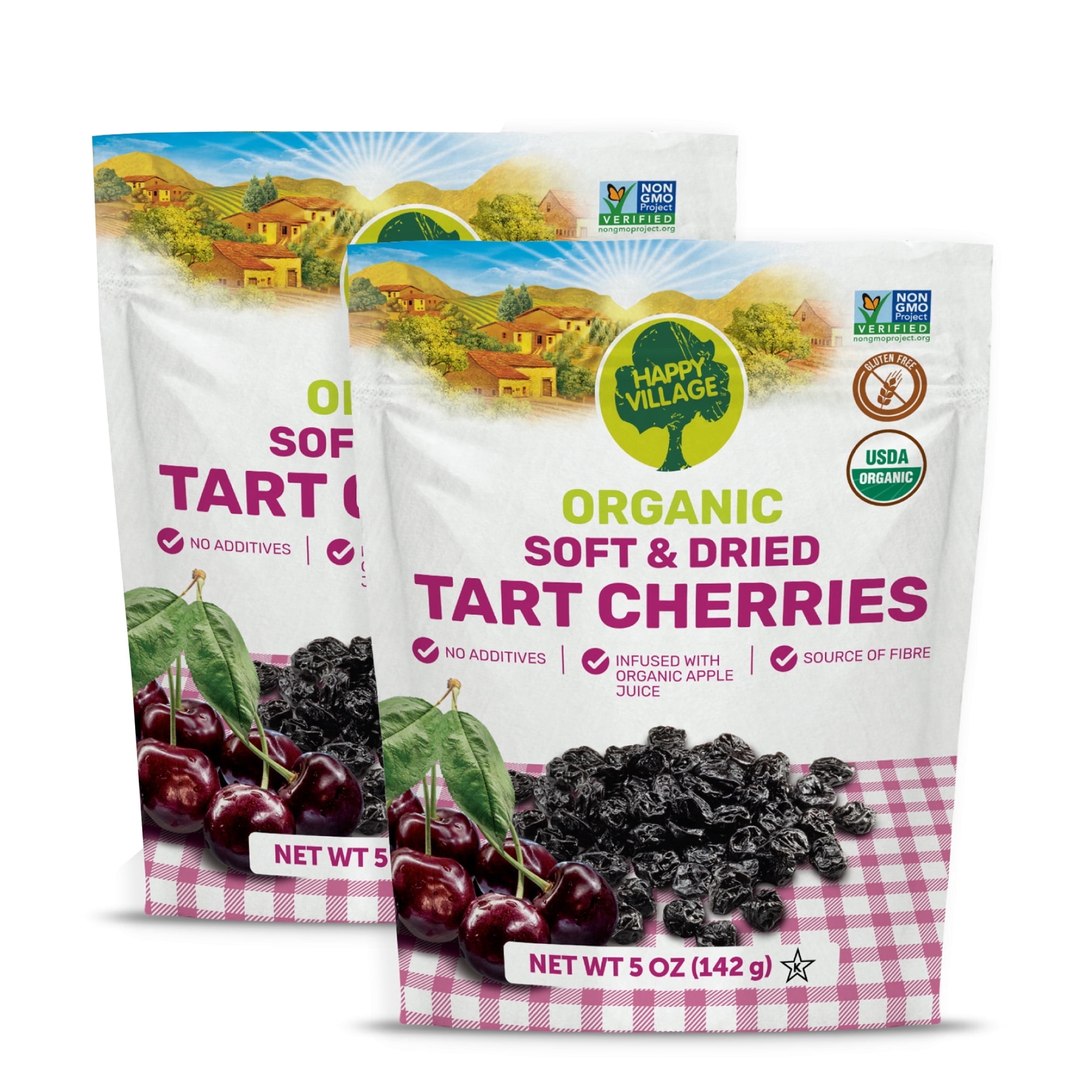 Happy Village Organic Whole Dried Tart Cherries, 10 OZ (2 Packs of 5 OZ) - Soft & Juicy, Kosher, Non-GMO, No Refined Sugar, Apple Juice Infused Dried Tart Cherry