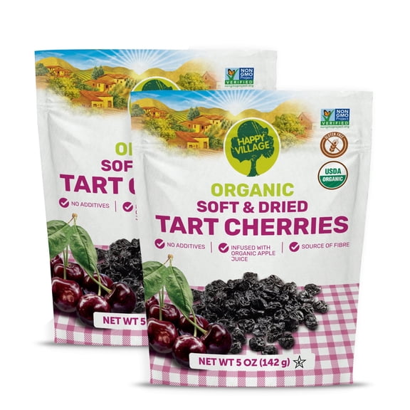 Happy Village Organic Whole Dried Tart Cherries, 10 OZ (2 Packs of 5 OZ) - Soft & Juicy, Kosher, Non-GMO, No Refined Sugar, Apple Juice Infused Dried Tart Cherry