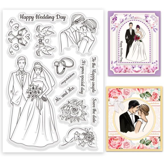 Happy Wedding Day Clear Bride and Groom Transparent Bridal Bouquet Wedding Blessing Text Rubber for Card Making Invitation Photo Album Decor