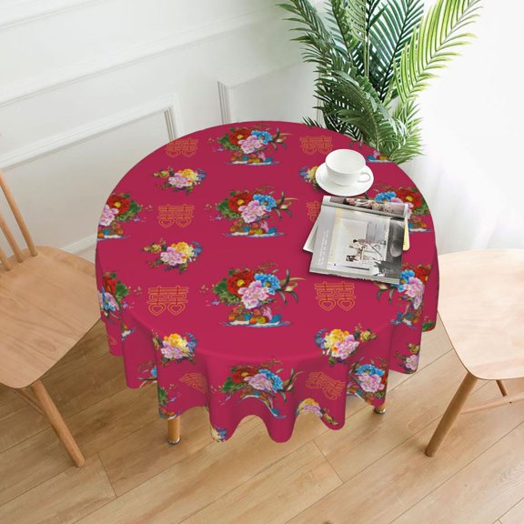 Happy Wedding Round Tablecloth Red Flowers Graphic Table Cover For Wedding Birthday Party Retro Polyester Table Cover