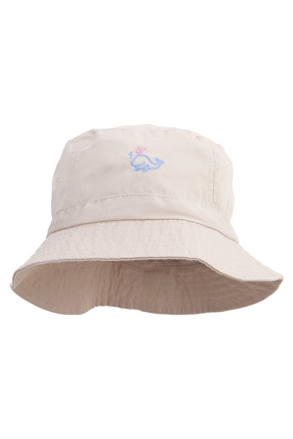 Happy Whale Embroidered Pigment Dyed Bucket Hat - Khaki OSFM