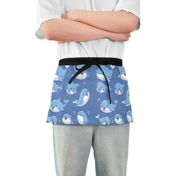 Happy Whales Server Apron with 3 Pockets Waterproof Waitress Waist Short Apron for Man Woman 12 Inches