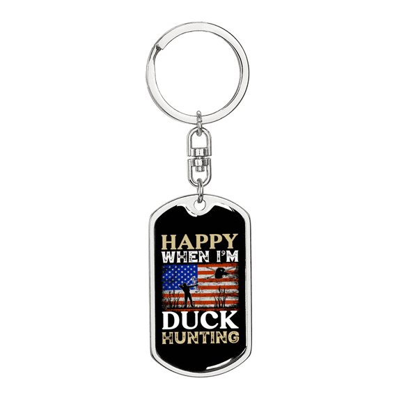 Happy When Hunting Flag Stainless Steel or 18k Gold Premium Swivel Dog Tag Keychain