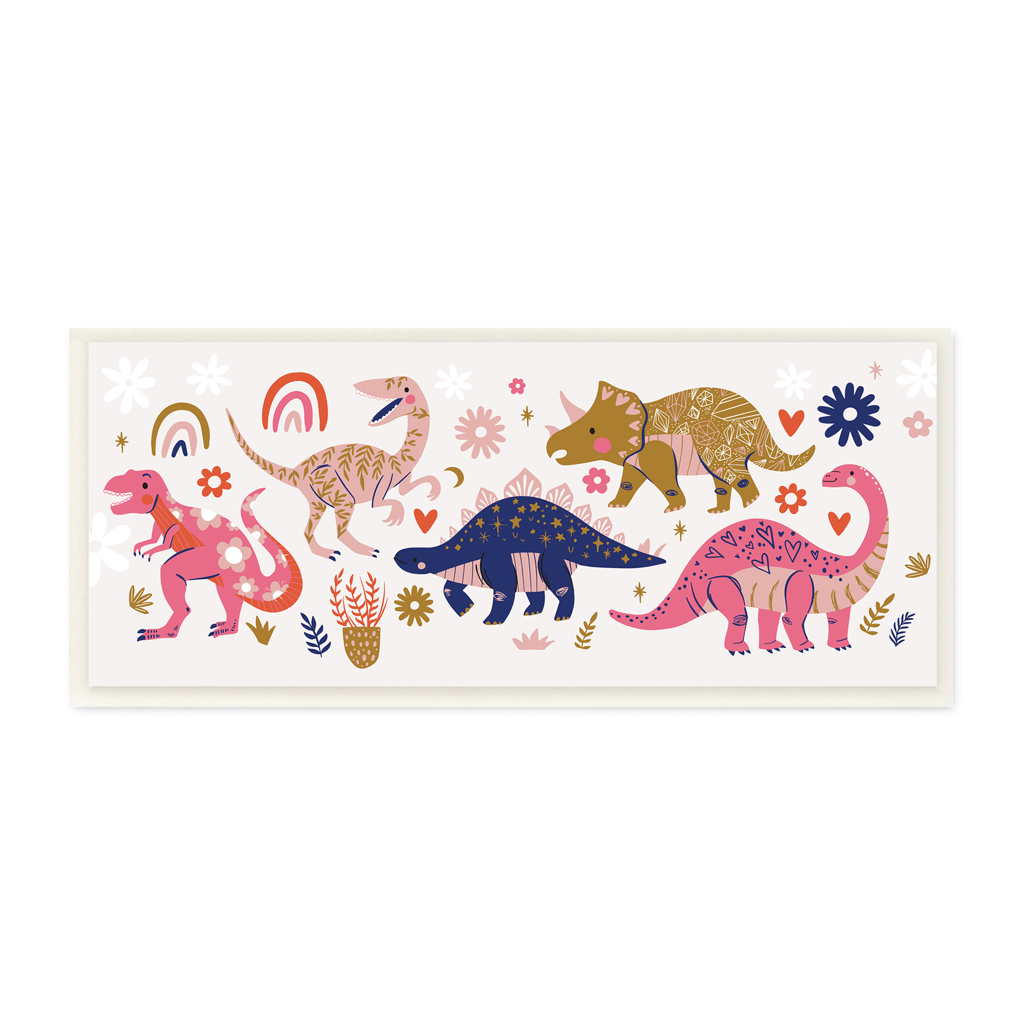 Stupell Industries Happy Whimsical Dinosaurs with Rainbow Florals,7 x 17,Designed by Arrolynn Weiderhold