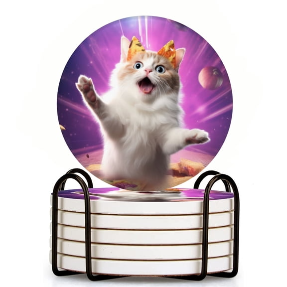 Happy White Cat With Golden Crown Floating In The Air Set of 6 Ceramic Coasters with Holder, Absorbent Drink Bar Coasters, Table Coasters for Living Room Decor Tabletop Protection